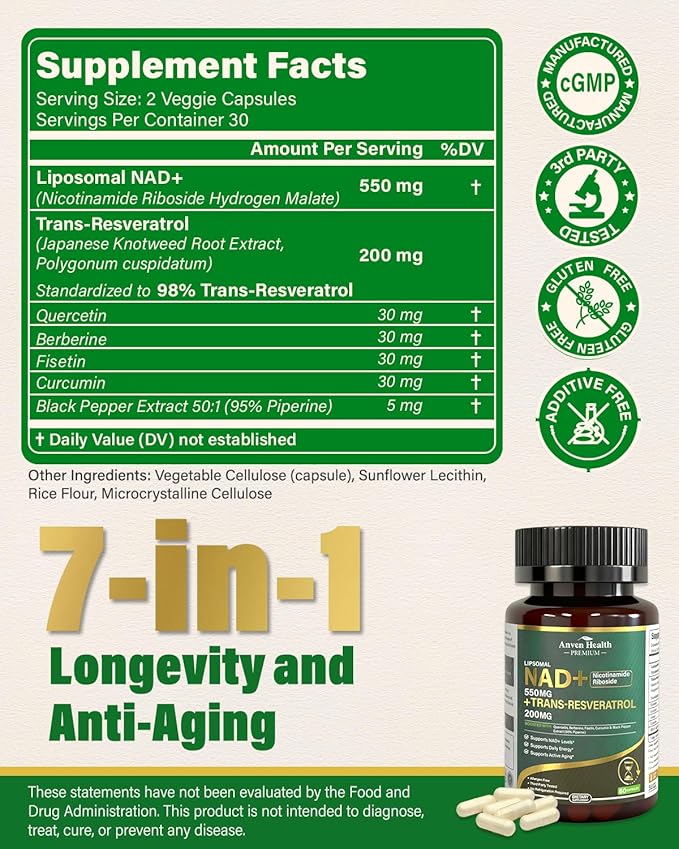 Liposomal NAD+ Resveratrol Supplement - NMN Alternative with Trans-Resveratrol, Quercetin & Fisetin - NAD Plus Booting for Women and Men, Support Cellular Energy & Healthy Aging, Non-GMO | 60 Capsules