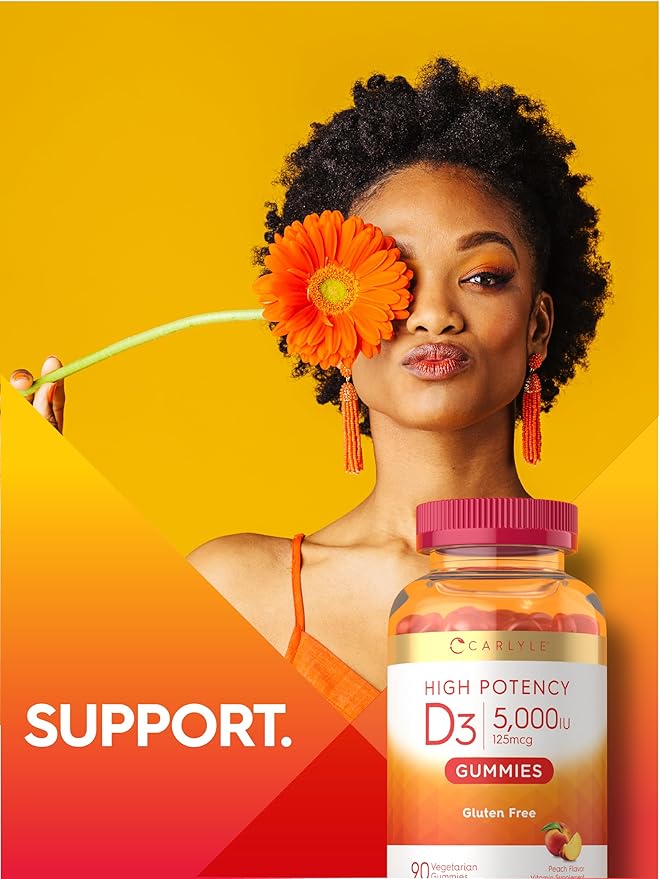 Carlyle Vitamin D3 Gummies | 5000 IU (125 mcg) | 90 Count | High Potency for Adults | Peach Flavor | Vegetarian, Non-GMO, Gluten Free Supplement
