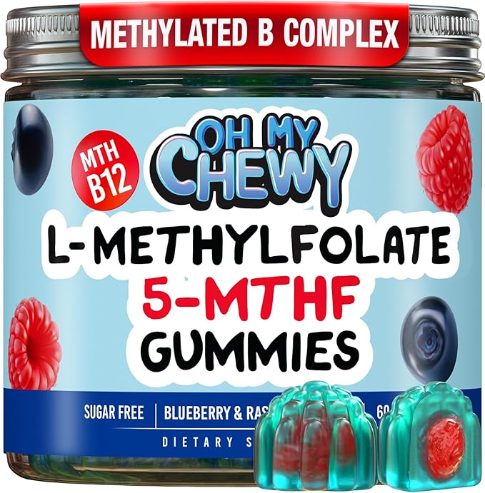 OH MY CHEWY Center-Filled 5-MTHF Folate L-Methylfolate Gummies - Sugar-Free MTHFR Vitamins B Complex Support with Methylated B1, B6 and B12 Cofactor - Mood, Behavior, Cognition - 60 Count