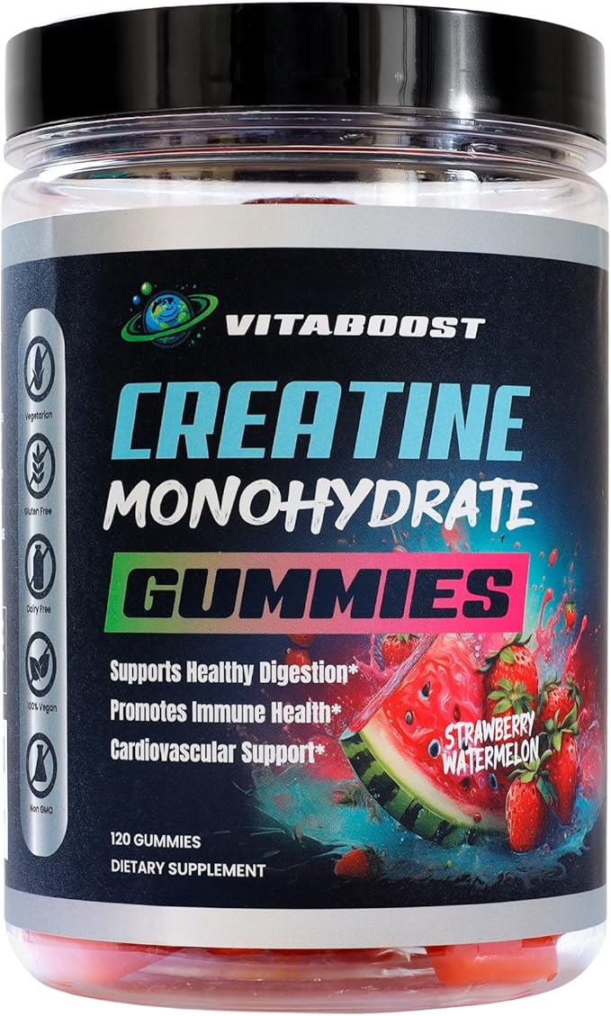 VitaBoost Creatine Gummies 5g- Natural Creatine Monohydrate for Men & Women- Delicious Strawberry Watermelon Flavor- Boost Strength, Energy & Muscle Growth- Vegan Pre Workout Gummies- Made in USA
