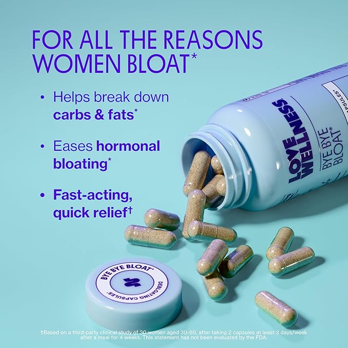 Love Wellness Bye Bye Bloat | Digestive Enzymes for Fast Acting Bloating Relief for Women | Helps Reduce Water Retention & Gas Relief | Supports Digestive Health with Fenugreek & Dandelion | 60 Count