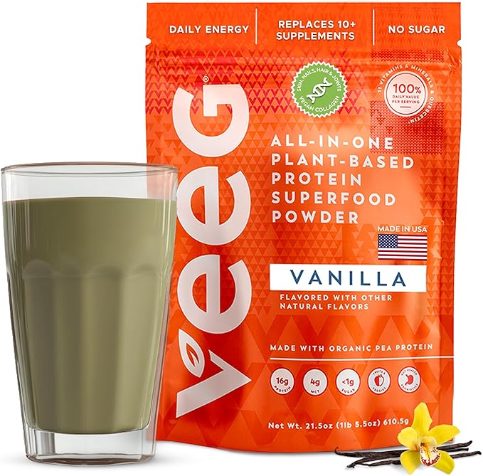 Veeg Plant Protein Powder – Vegan Protein Shake & Collagen Boost. Pea Protein, MCT, Probiotics & Multivitamin. 10 Supplements in 1. Daily Energy, Immunity & Wellness. 15 Servings (Vanilla)