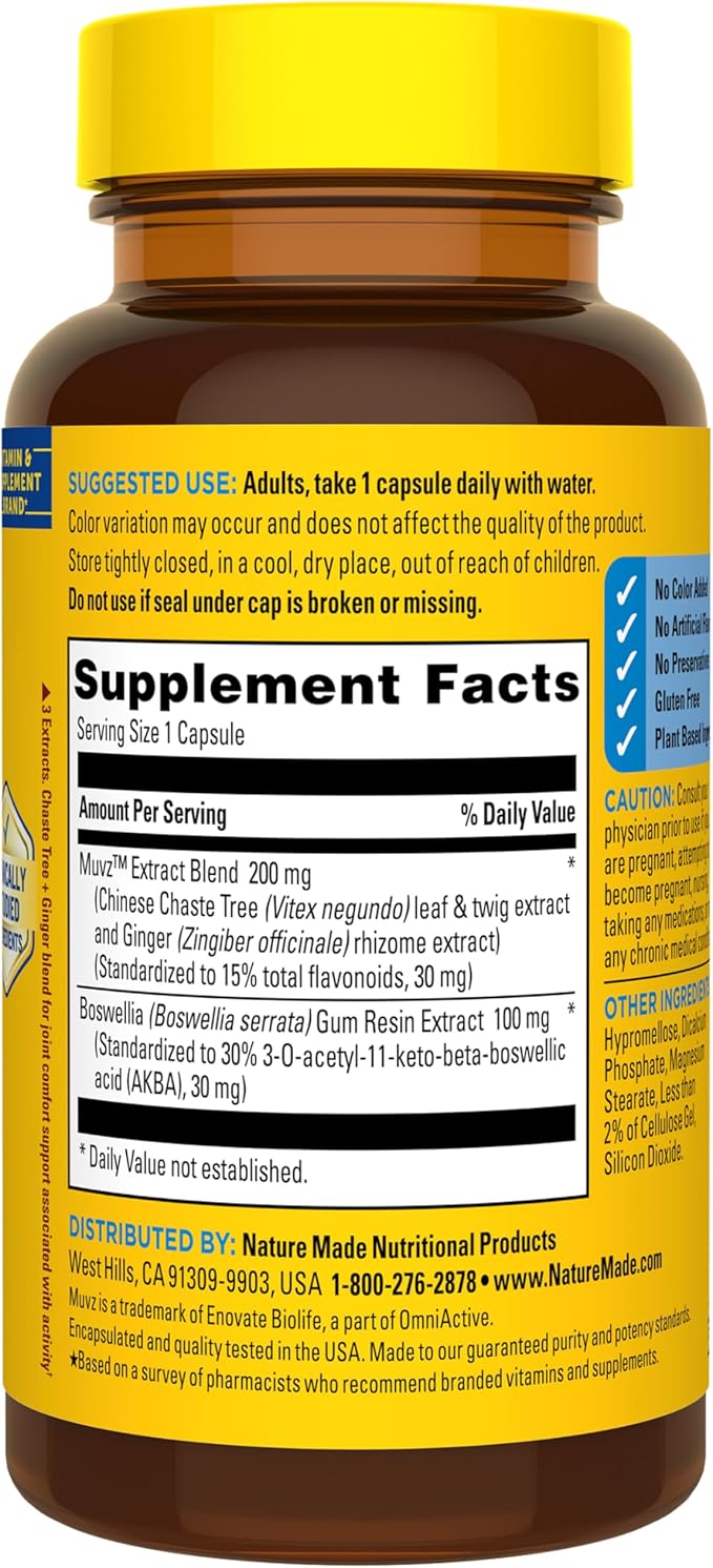 Nature Made 3-in-1 Joint Comfort Capsules, Chaste Tree, Ginger & Boswellia, Joint Supplements for Men and Women, 30 Capsules, 30 Day Supply