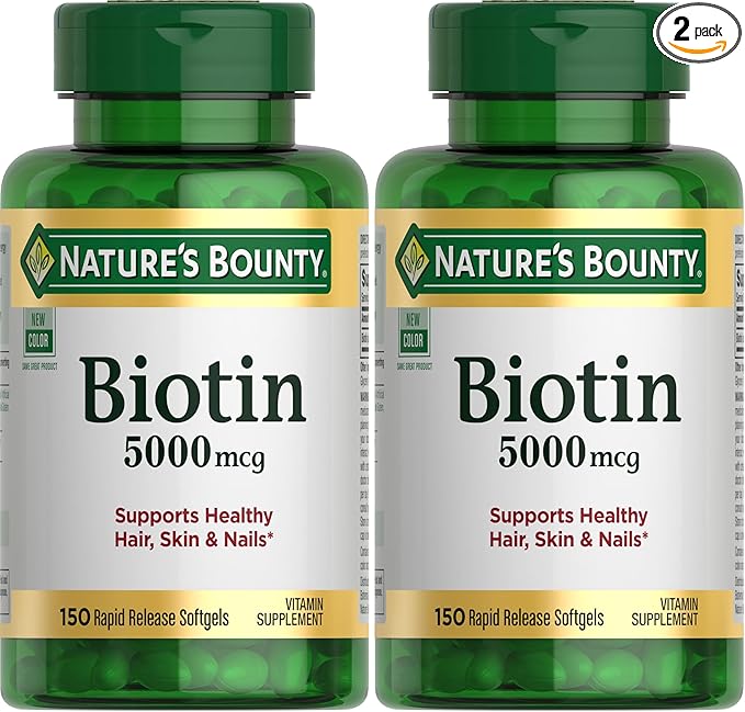 Nature's Bounty Biotin, Supports Metabolism for Cellular Energy and Healthy Hair, Skin, and Nails, 5000 mcg, 150 Softgels (Pack of 2)