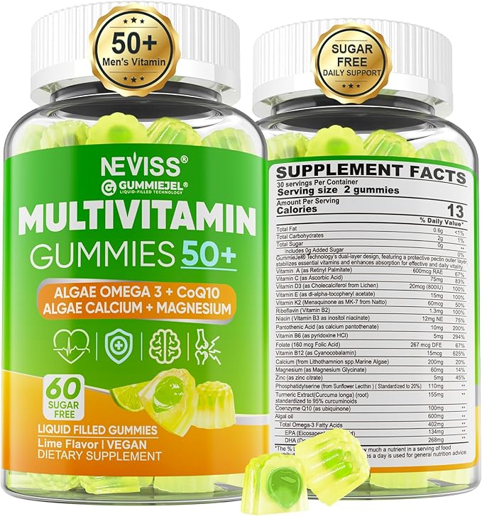 Multivitamin for Men 50 + Plus, Sugar Free Men Multivitamins Gummies w/Omega-3, Coq10, D3k2, Calcium, Magnesium, Zinc, Vitamins A, C & E, Mens Vitamins for 𝖧𝖾𝖱𝗍, Antioxidant, Brain, Bone, 60cts