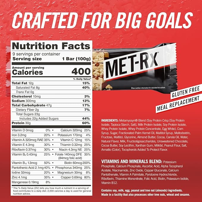 MET-Rx Big 100 Colossal Protein Bars, Chocolate Chip Cookie Dough Meal Replacement Bars, 9 Count (Pack of 1)