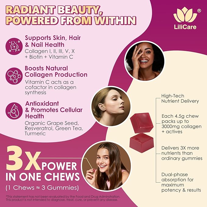 Collagen Gummies + Biotin Soft Chews 3000mg for Women & Men, Ultra Hydrolyzed Collagen Peptides Boosting Type I,II,III,V,X, Vitamin C, E, Anti-Aging Formula for Hair, Skin & Nails, Digestion,Bone,60Ct