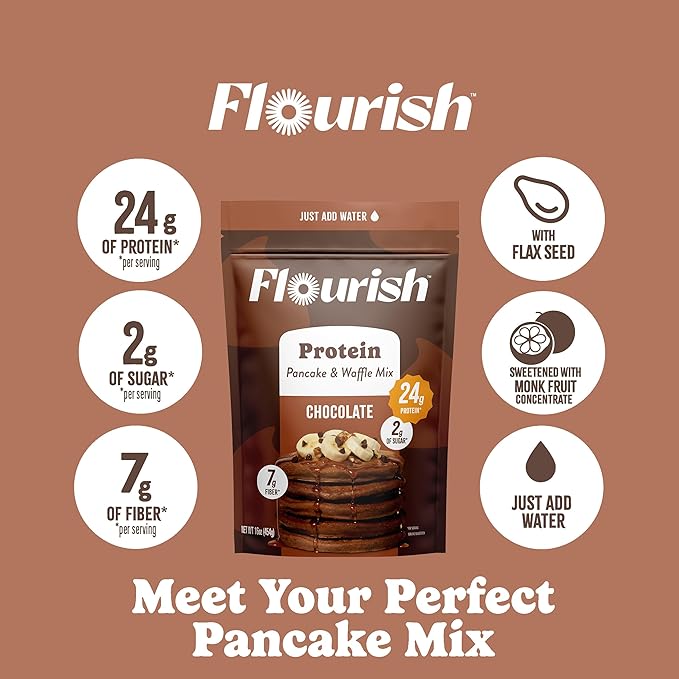Flourish Protein Pancake & Waffle Mix, with Whey Protein & Flax Seed, No Added Sugar, High in Protein & Fiber - Just Add Water - Chocolate Flavour, 16oz (2 Pack)