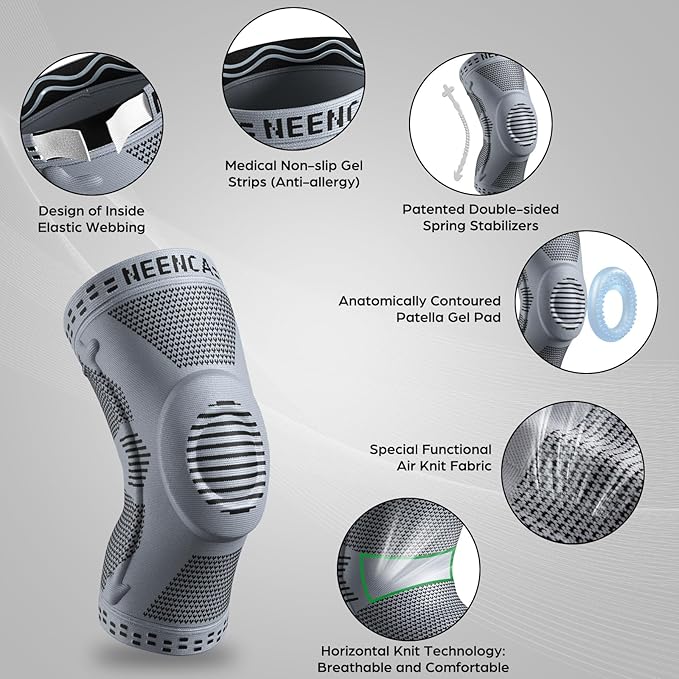 NEENCA Professional Knee Brace for Pain Relief, Medical Knee Support with Patella Pad & Side Stabilizers, Compression Knee Sleeve for Meniscus Tear, ACL, Joint Pain, Runner, Workout (Gray, XXX-Large)