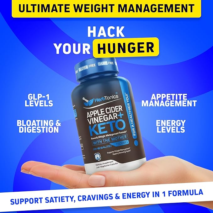 Herbtonics Apple Cider Vinegar + Keto BHB Capsules | GLP-1 Support for Appetite, Cravings & Weight Management | Metabolism Support with Satiety Support | 240 Capsules - 4 Month Supply