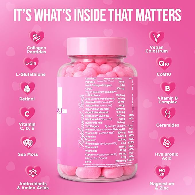 Skin Gummies for Women & Teens – Beauty Vitamin Gummy with Sea Moss, Multi Collagen Peptides, CoQ10, Retinol, Vegan Colostrum, L-Glutathione & Antioxidants for Hydrated, Clear, Acne Free, Glowing Skin