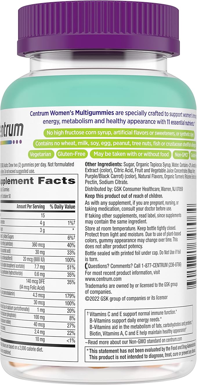 Centrum Women’s Multivitamin Gummies, Immune, Energy, Healthy Appearance Support, 100 Count, 50 Day Supply