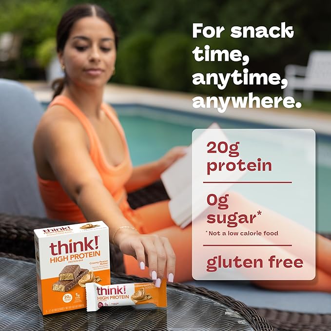think! Protein Bars, High Protein Snacks, Gluten Free, Kosher Friendly, Creamy Peanut Butter, Nutrition Bars, 2.1 Oz per Bar, 30 Count (Packaging May Vary)