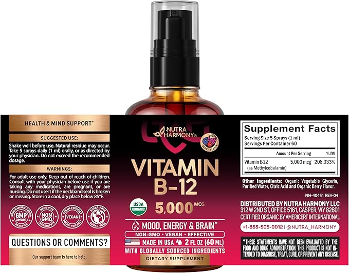 USDA Organic Vitamin B12 Sublingual Spray - 5000 mcg Liquid Vegan Methylcobalamin for Women & Men - Energy Boost, Focus & Mood, Brain Health Support - Maximize Absorption - 2 Month Supply, 2 fl oz