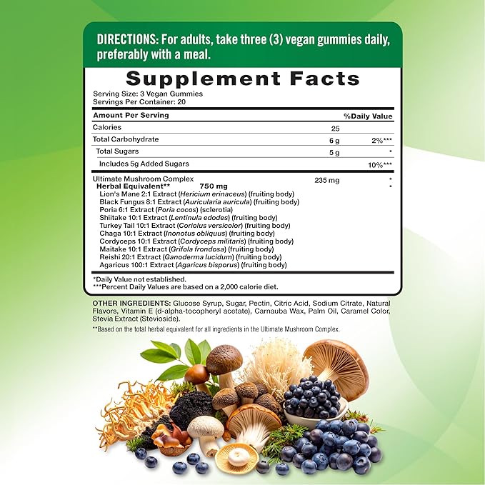 Nature's Truth Mushroom Complex Gummies for Adults | Complex of 10 Mushrooms | with Lion's Mane, Shiitake, & Chaga | Blueberry Flavor | 60 Count | Vegan, Non-GMO & Gluten Free Supplement