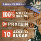 Kindling Protein Pretzels - Garlic-Parmesan | Protein-Packed Snack Size Bags | Kosher | 8-9g Protein Per Serving | No Artificial Flavors, Soy-Free | Lunches, Office Snacks, & On-the-Go | 16-Count (1.06oz Bags)