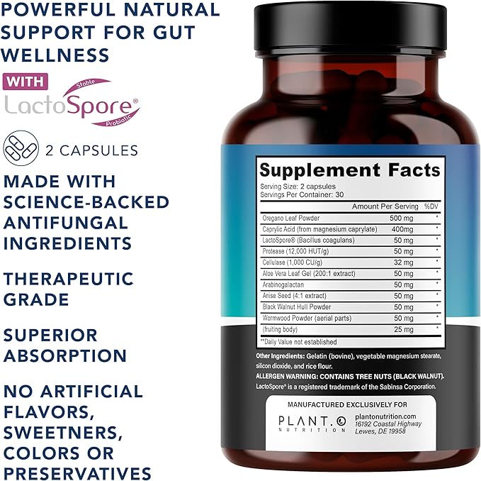 Candida Cleanse Supplement, Yeast Cleanse & Candida Support with Probiotics (LactoSpore®), Oregano Oil, Caprylic Acid, Black Walnut – Gut Health, Digestive Cleanse, Flora Balance – 60 Capsules