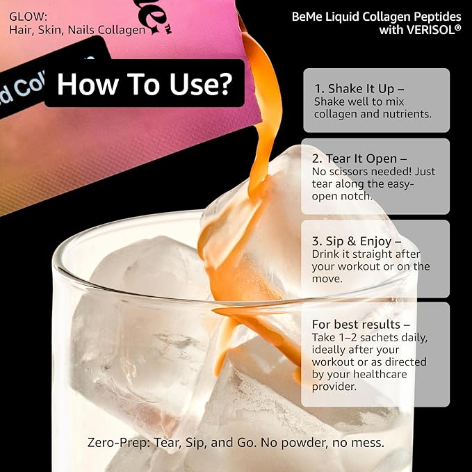 BeMe Liquid Collagen for Women — 2,500mg Hydrolyzed Bovine Collagen Peptides Drink with Biotin & Vitamin C — Clinically Studied Collagen Supplement for Hair, Skin & Nails — Strawberry, 15 Sachets