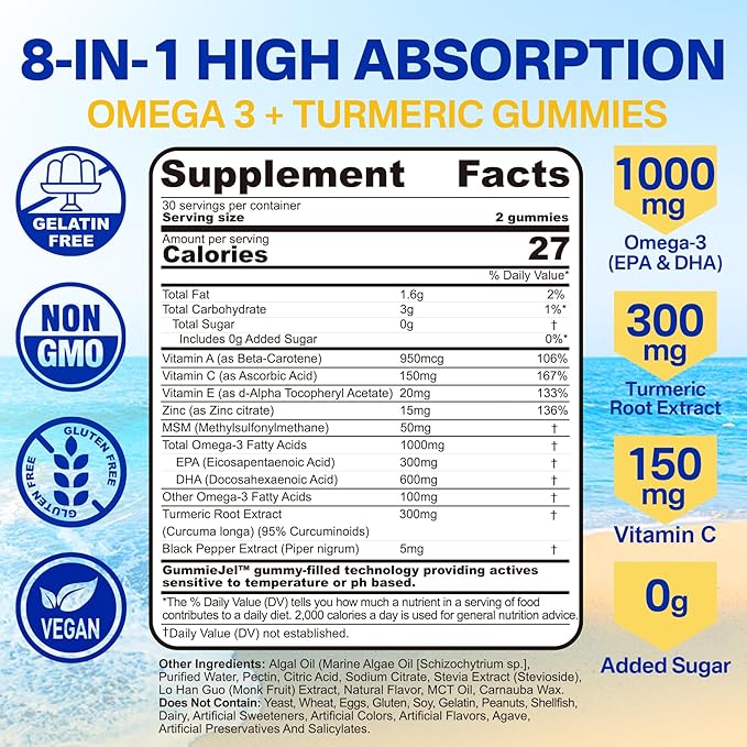 Vegan Omega-3 Gummies 1000mg + Turmeric - Omega 3 Fish Oil Alternative for Adults - Algae DHA 600mg & EPA 300mg, Vitamins A, C, E, Zinc & MSM, Sugar Free, 60 Cts