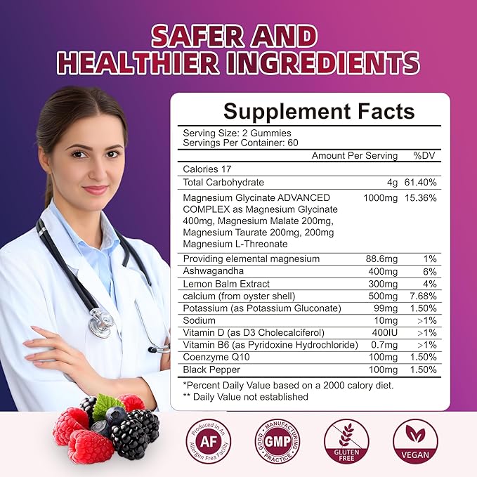 120 CT Magnesium Glycinate Gummies 1000 mg for Women and Men, Magnesium Malate & Taurate Supplements for Sleep, Body Support and Relaxation, Sugar Free, Vegan, Raspberry BlackBerry Blueberry Flavor