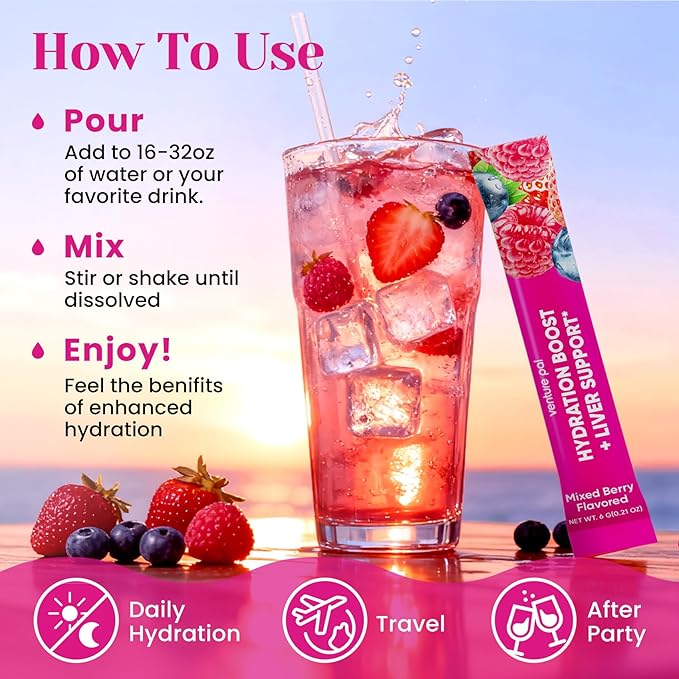 Venture Pal Hydration Packets + Liver Support- Liquid Daily IV Electrolyte Powder Packets with 7 Electrolytes & 5 Vitamins, Milk Thistle + L-Theanine | Sugar-Free | Keto Friendly | Vegan, 16 Sticks