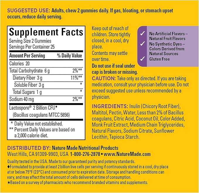 Nature Made Probiotic + Prebiotic Fiber Gummies for Daily Gut Health,Fiber Supplement with Probiotics for Digestive Health Support,50 Gummies,25 Day Supply,(Pack of 2)
