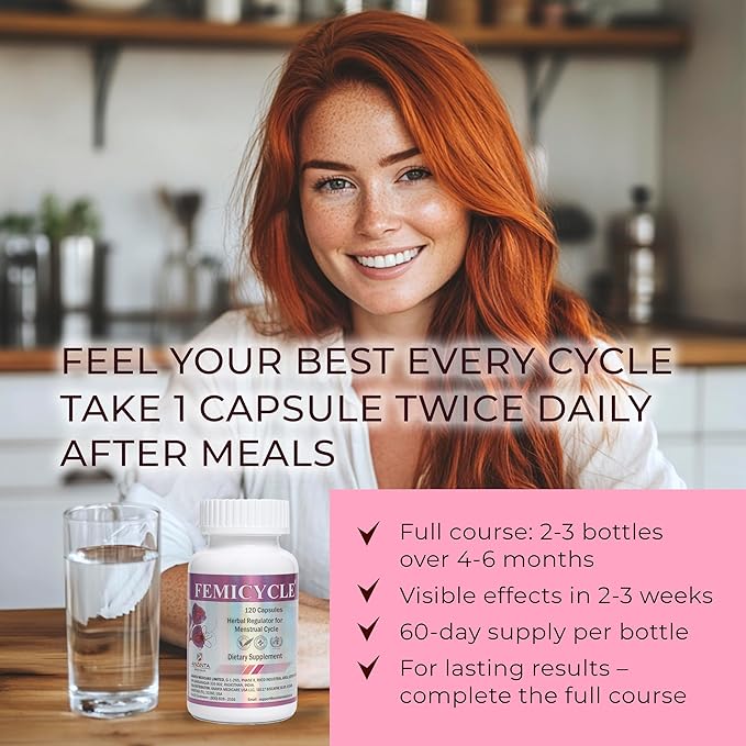 FEMICYCLE Herbal Supplement for Women – PMS, Hormonal & Menstrual Cycle Support – Lodh Tree, Ashoka, Asparagus, Licorice & Turmeric – Period Wellness Formula – 120 Vegan Capsules
