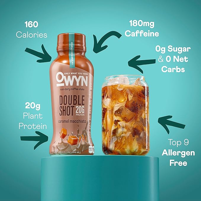 OWYN Only What You Need Double Shot Dairy Free Keto Protein Coffee Shake, Caramel Macchiato, 0g Sugar, 20g Plant Based Protein, 180mg Caffeine, Gluten & Soy Free, Non-GMO, Vegan (12 Pack, 12 Fl Oz)