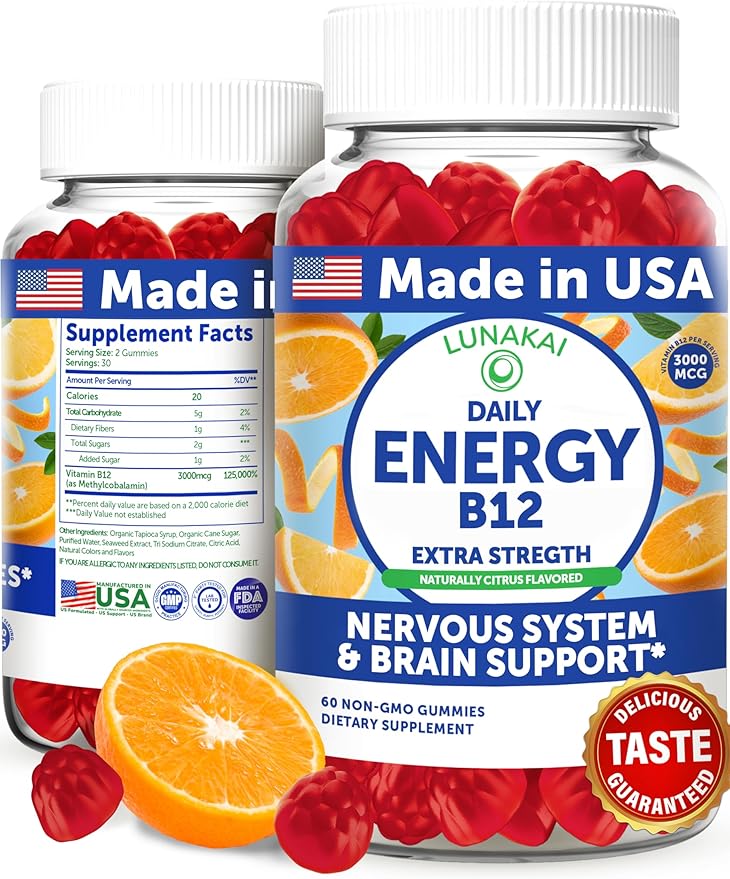 Lunakai USA Made Vegan Energy Gummies – Daily Energy Supplements – 3000mcg Vitamin B12 Gummies for Women & Men – for Home or On‑the‑Go Use, 60ct