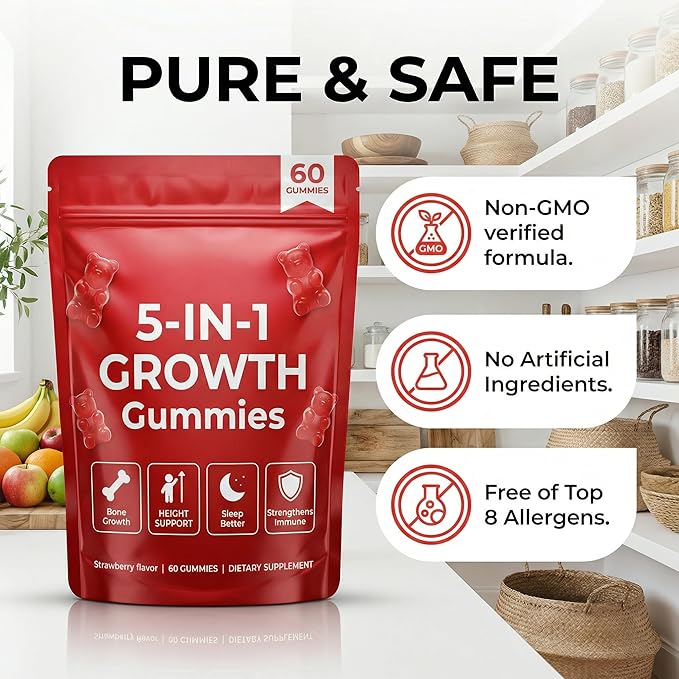 5-in-1 Growth Gummies with Amino Acids, Vitamin D3 & K2, Strawberry Flavor Chewable Supplement, 60 Count
