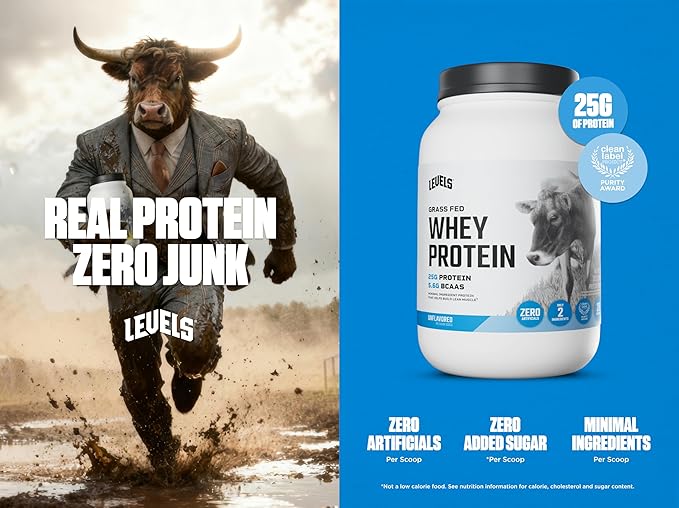 Levels Grass Fed Whey Protein Powder, No Artificials, 25G of Protein, Unflavored, 2LB