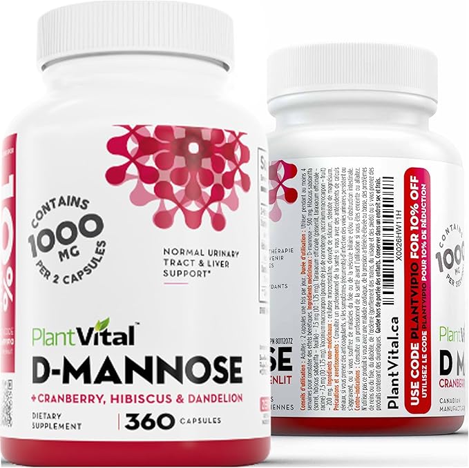 Plantvital D Mannose Capsules with Cranberry - D-mannose 1000mg per serving - High Potency for Bladder, Kidney and Urinary Tract Support - Cranberry Powder with Hibiscus and Dandelion- 6 Months Supply