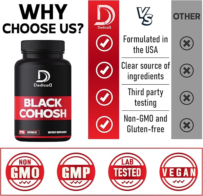 DEDICAD 1000mg Black Cohosh for Menopause Hot Flashes - 240 Capsules for 4-Month Supply - Support for Body Management, Women's Health & Immune System