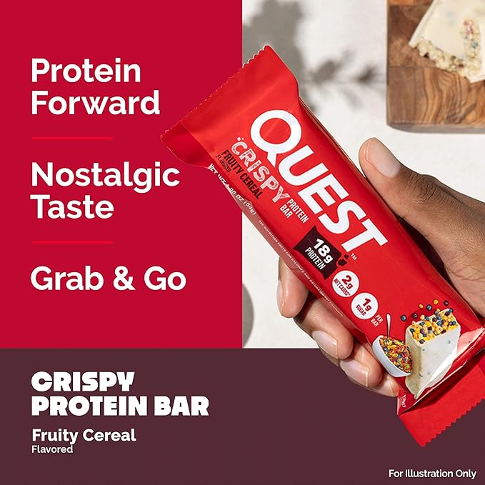 Quest Nutrition Crispy Protein Bar, Fruity Cereal Flavor, 18g Protein, 1g Sugar, 2g Net Carbs, Low Sugar, 12 Count