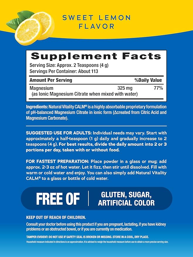 Natural Vitality Calm, Magnesium Supplement, Anti-Stress Drink Mix Powder, Gluten Free, Vegan, & Non-GMO, Sweet Lemon, 16 oz