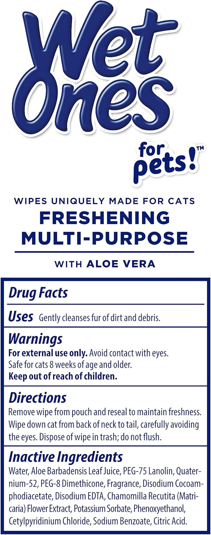 Wet Ones for Cats Freshening Wipes, Multi-Purpose Cat Grooming Wipes with Aloe Vera, Helps Remove Dirt, Odor, and Dander Between Baths, Fresh Scent, 50 Count