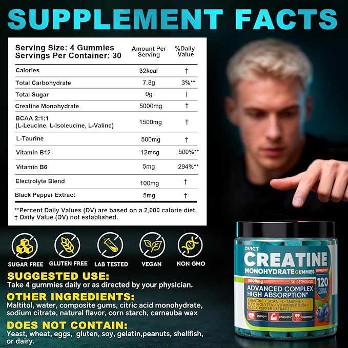 99.99% Creatine Monohydrate Gummies for Men Women 5g, 7-in-1 Pre-Workout Complex with BCAA, Taurine, B12/6 & Electrolytes, 6X Boost Energy, Muscle Strength & Recovery, Brain Focus, Vegan, Sugar Free