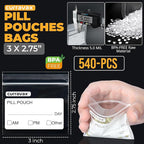 CURRAVAX Pill Bags for Travel Pack of 540 - BPA Free 3 x 2.75 inch Pill Pouch - Reusable Pill Pouches for Medicine with Write on Label –Clear Ziplock Pill Baggies for Travel Medicine Organizer