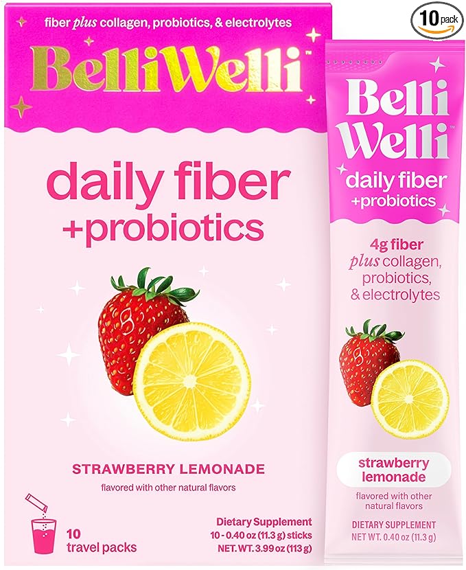 Belli Welli Daily Fiber Supplement Packets with Collagen, Probiotics & Electrolytes | Single Serve Packets for Gut Health, Digestion & Debloating | Strawberry Lemonade | 10 Count