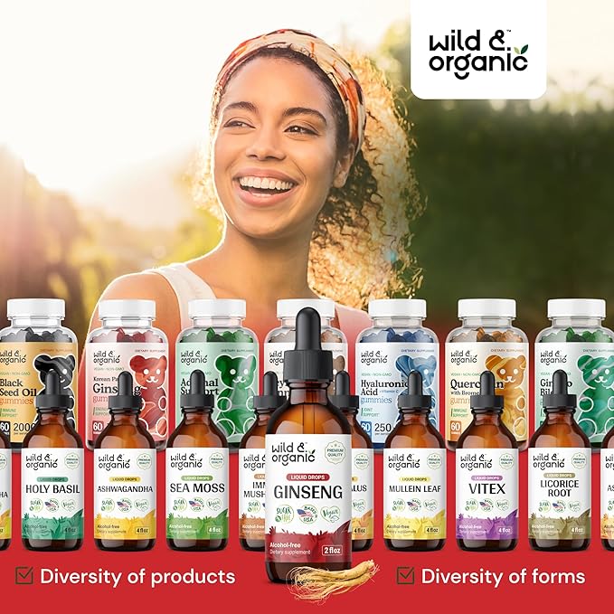 Wild & Organic Korean Red Ginseng Extract Drops - Immune Support - Panax Ginseng Supplement - Add to Tea Liquid Root Tincture - Vegan, Sugar & Alcohol-Free - 2 fl oz