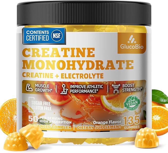 Creatine Monohydrate Gummies (5g) – Pre-Workout Energy & Muscle Growth Support for Men & Women | Orange Electrolyte Gummies (135 Count)