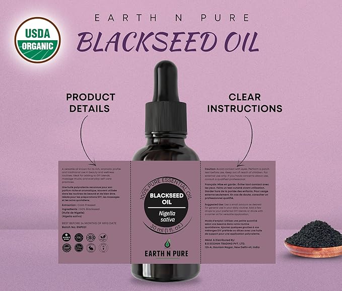 Earth N Pure Blackseed Oil (Kalonji Oil) Cold Pressed, Natural and Therapeutic Grade for Hair 30 ml