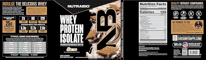 NutraBio 100% Whey Protein Isolate Protein Powder, 25g Protein with Complete Amino Acid Profile, Non-GMO, Soy & Gluten Free, Low Carb, Low Calorie, S'Mores, 5 Lbs