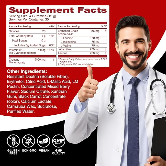 Creatine Monohydrate Gummies for Women & Men, 5000MG Creatine Gummies Sugar Free - Mixed Flavored with L-Taurine, BCAA 21, B12，Vegan, Non-GMO, 120 Gummies
