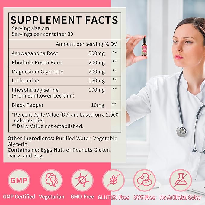 Cortisol Supplements for Women Liquid Drops,Cortisol Manager with Ashwagandha,L-theanine,Phosphatidylserine,Rhodiola Rosea for Mood Support,Adrenal Balance,Sleep,Vegan,Natural Flavor,4 Fl Oz