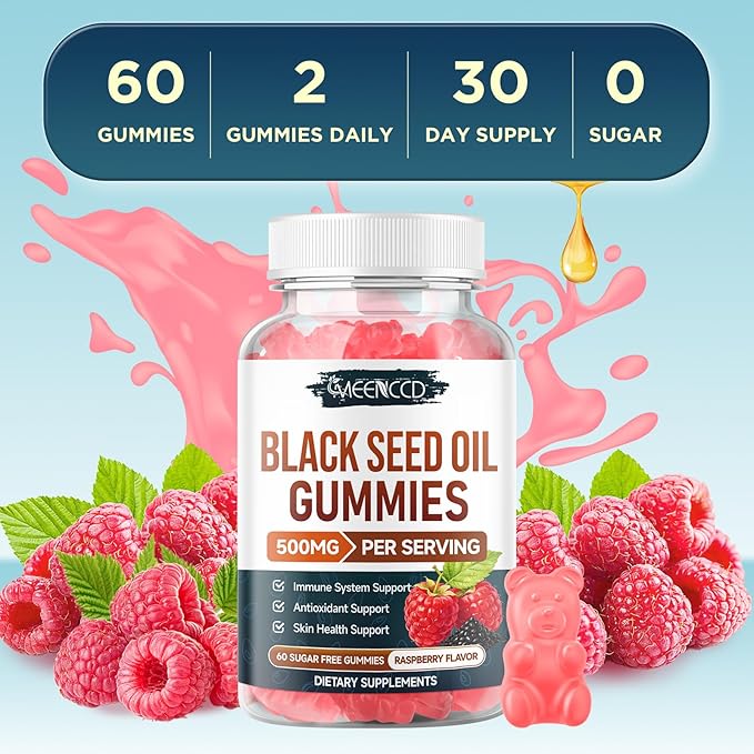 MEENCCD 2 Pack Black Seed Oil Gummies, Nigella Sativa Black Seed Oil Supplement for Antioxidant Support, Vegan, Non-GMO, Suagr-Free, Raspberry Flavor, 120 Count