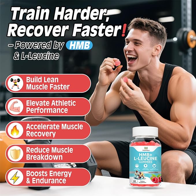 Hmb and Leucine Gummies Supplements for Men Women, 4000mg HMB & L-Leucine Amino Acid for Muscle Growth & Fast Work0ut Recovery, Non-GMO, Gluten-Free, Raspberry Flavor, 60 Count