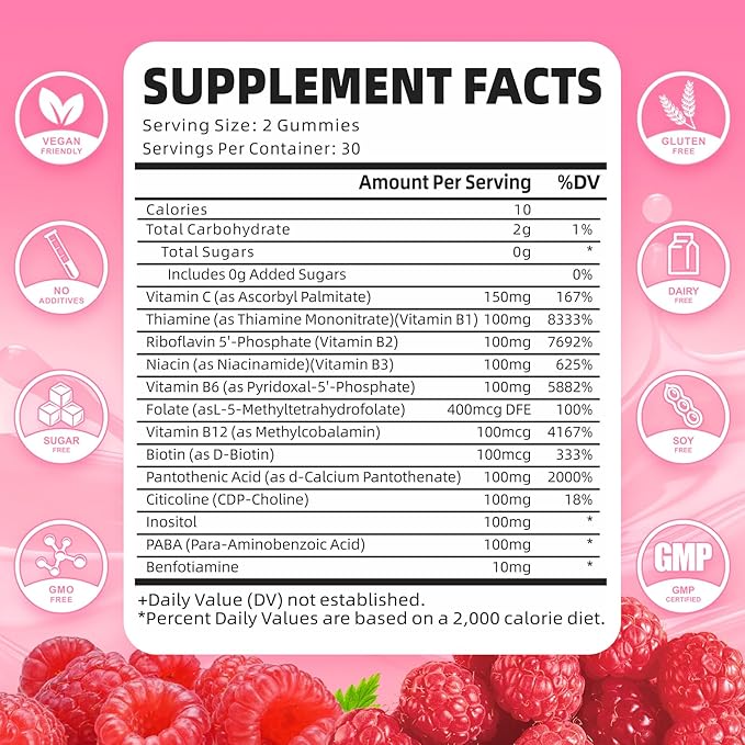 Vitamin B Complex Gummies, All B Vitamins + Methyl B12, B1, B2, B3, B5, B6, Biotin, Methylfolate, Vitamin C, Choline, Inositol, PABA for Energy & Immune Support, Raspberry Flavor, 60 Count