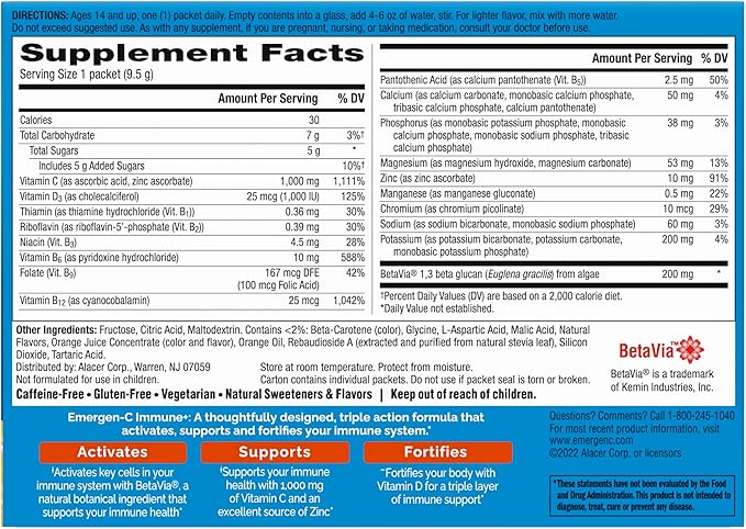 Emergen-C Immune+ Triple Action Immune Support Powder, BetaVia (R), 1000mg Vitamin C, B Vitamins, Vitamin D and Antioxidants, Super Orange – 30 Count