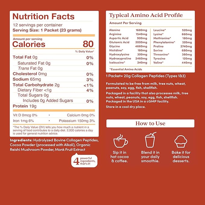 Further Food Chocolate Collagen Peptides Powder with Reishi Mushroom - 100% Grass-Fed, Hydrolyzed Type 1 & 3, 20g of Collagen per Serving, Supports Skin, Hair, Nails & Joints, Stick Packs, 9.74 Oz